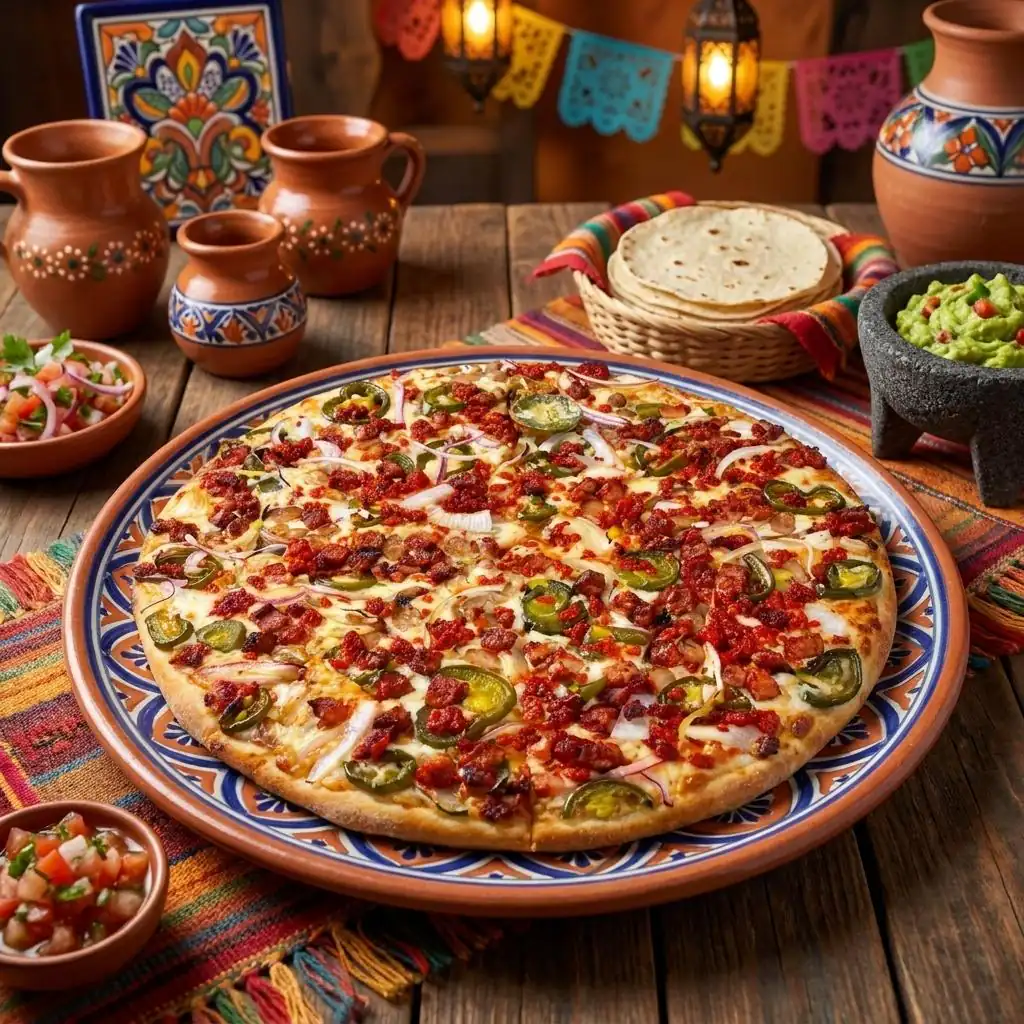 Loaded nachos and Mexican dishes in warm light