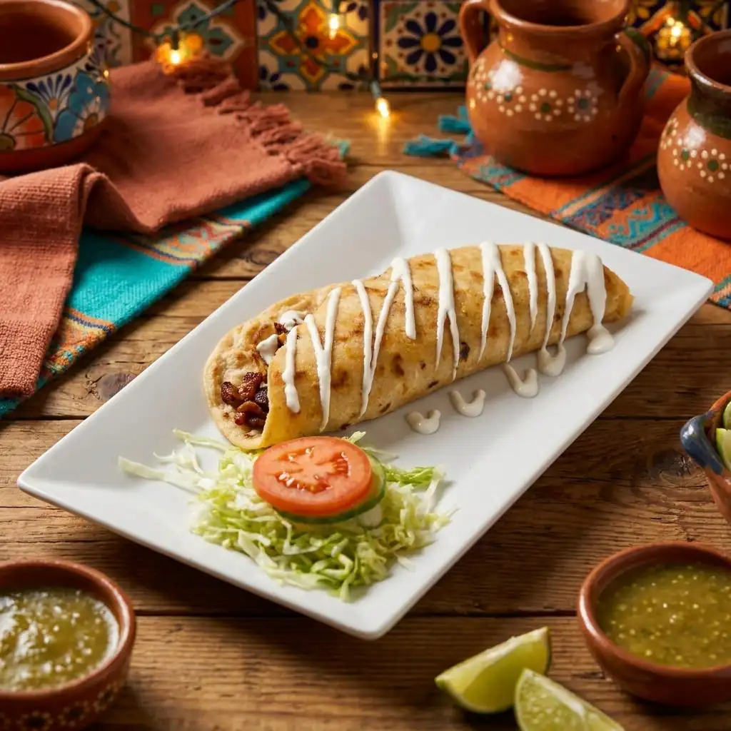Mexican food and drinks served on a colorful table