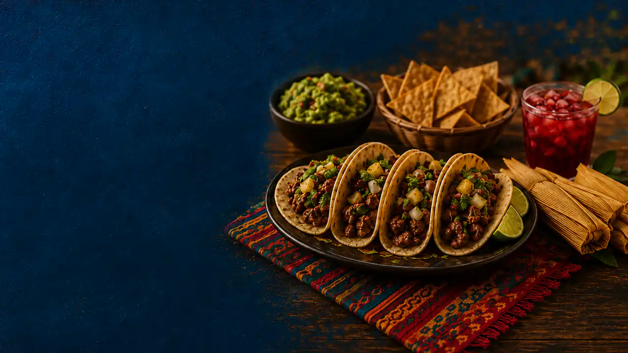 A plate of authentic tacos with guacamole, chips and fresh salsa
